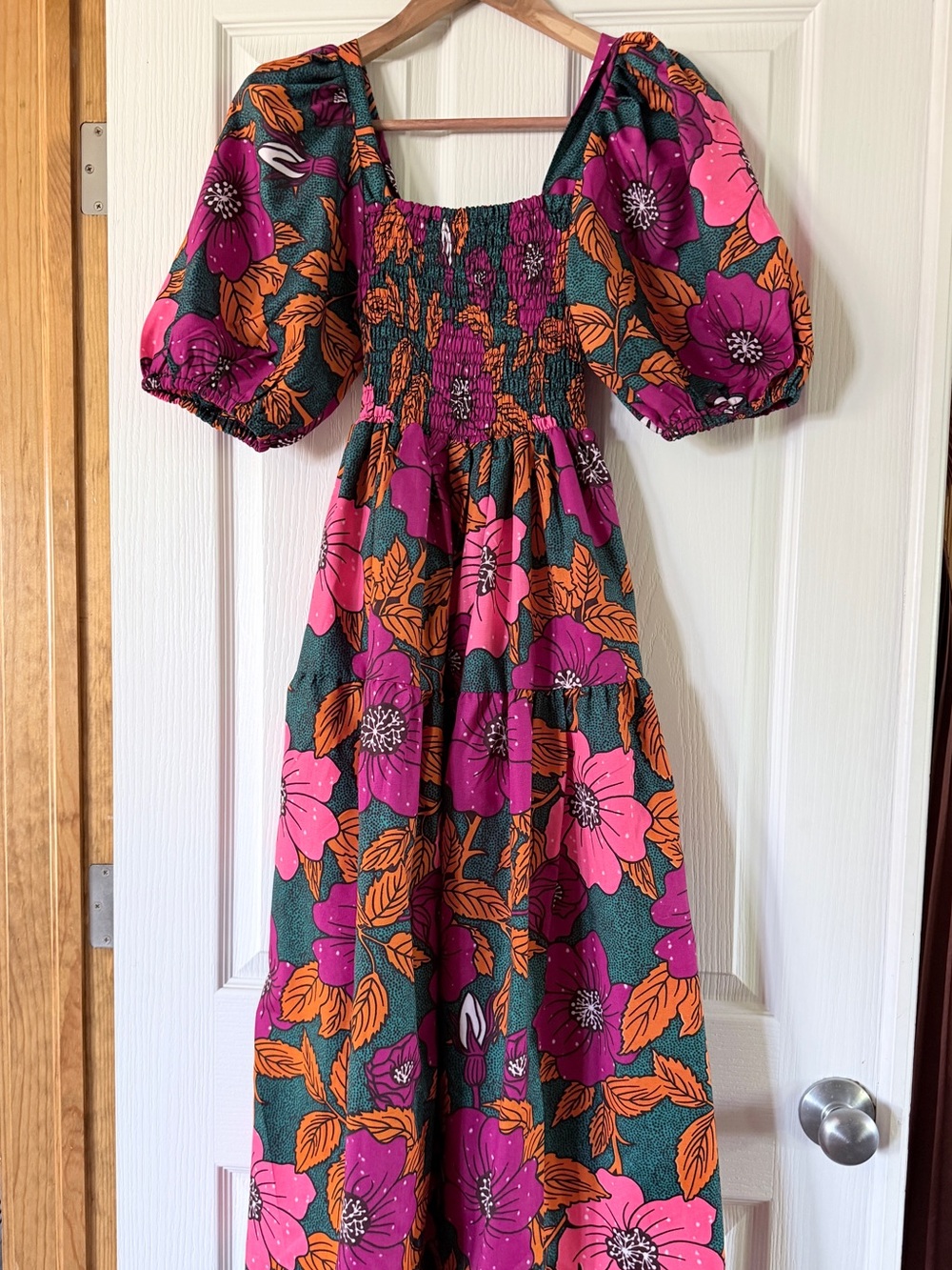 Elisamama Hibiscus Smocked Maxi Dress, Floral, Puff-Sleeve, Pockets, Sz XS,